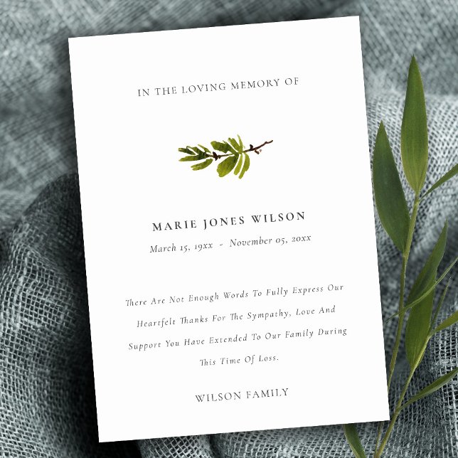 Elegant Pine Branch Foliage Sympathy Memorial Thank You Card (Creator Uploaded)