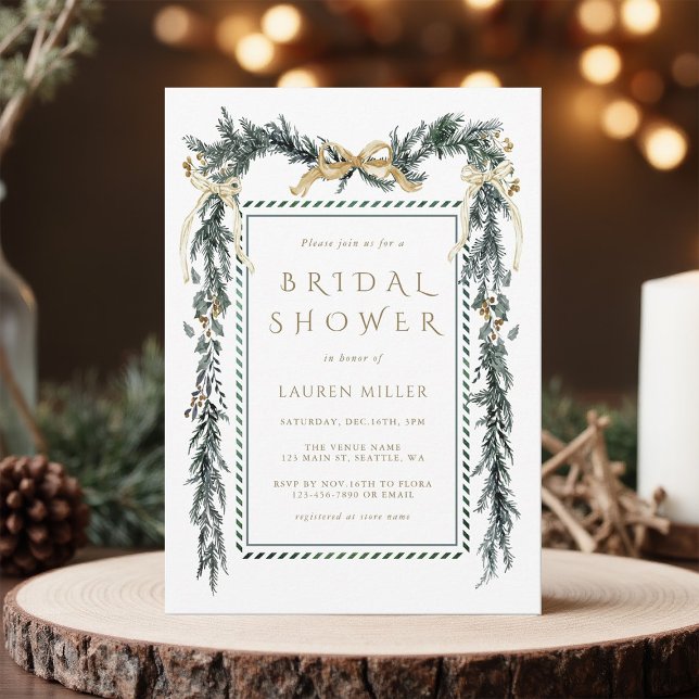 Elegant Pine Branch Frame Christmas Bridal Shower Invitation (Creator Uploaded)