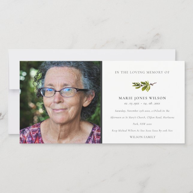 Elegant Pine Branch Photo Memorial Service Card (Front)
