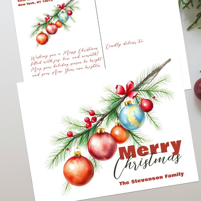 Elegant Pine Branch with Christmas Decorations Holiday Postcard (Creator Uploaded)
