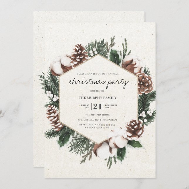 Elegant Pine & Cotton Holiday Party Invitation (Front/Back)