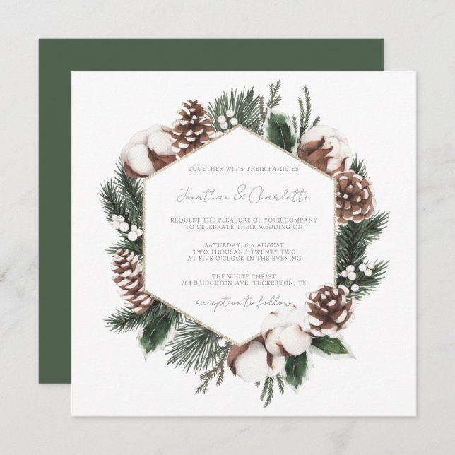 Elegant Pine & Cotton Winter Wedding Invitation (Front/Back)