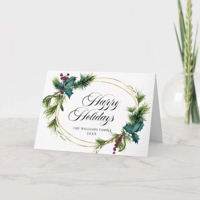 Elegant Pine Fir Holly Berry Christmas Greeting Holiday Card (Front)