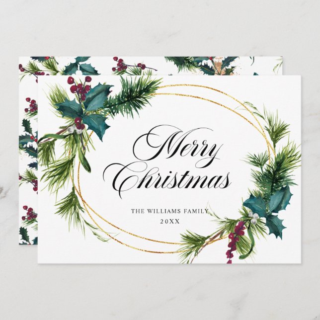 Elegant Pine Fir Holly Berry Christmas Greeting Holiday Card (Front/Back)