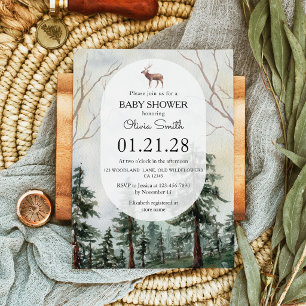 Elegant Pine Forest Deer Watercolor Baby Shower Invitation