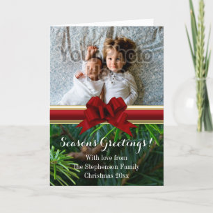 Elegant Pine Gold Red Bow Christmas Holiday Card