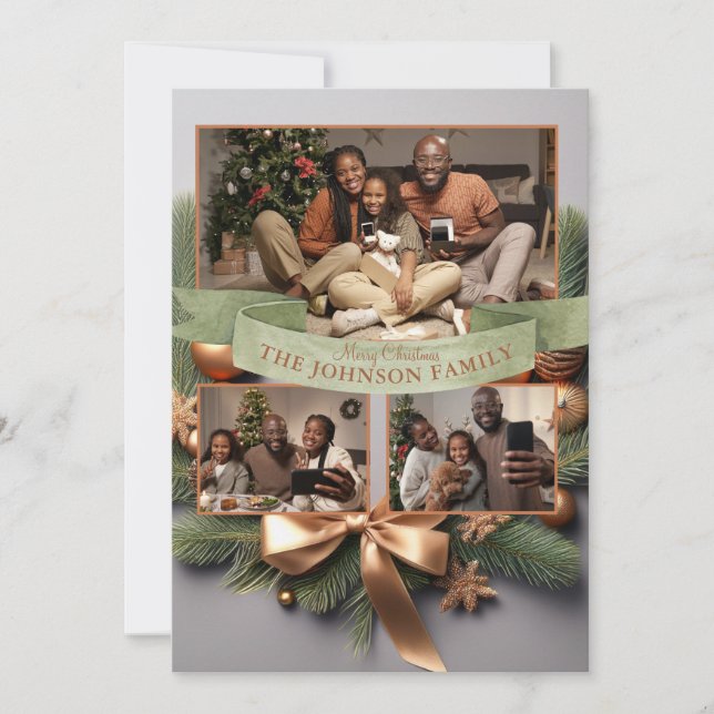Elegant Pine Gold Ribbon Family Christmas Card (Front)