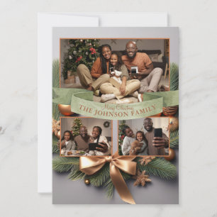 Elegant Pine Gold Ribbon Family Christmas Card