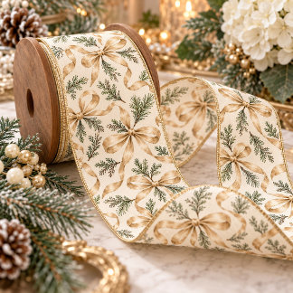 Elegant Pine & Gold Ribbons Christmas Satin Ribbon