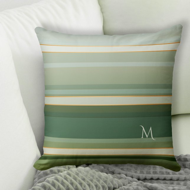 Elegant Pine Green Striped Pattern Monogram Pillow (Pillow featuring an elegant striped pattern in pine green with pastel turquoise and rose gold lines)