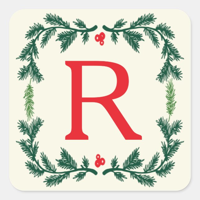 Elegant Pine Holiday Monogram Stickers (Front)