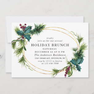 Elegant Pine Holly Berry Christmas Holiday Brunch Invitation