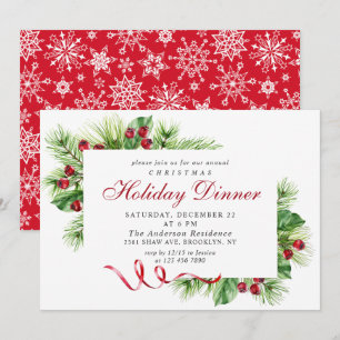 Elegant Pine Holly Berry Christmas Holiday Dinner Invitation