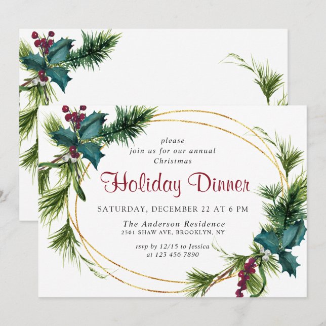 Elegant Pine Holly Berry Christmas Holiday Dinner Invitation (Front/Back)