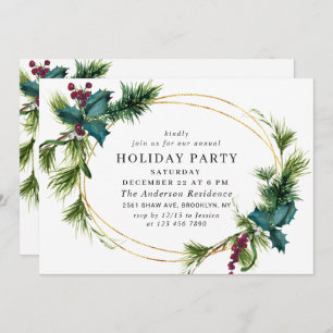 Elegant Pine Holly Berry Christmas Holiday Party Invitation