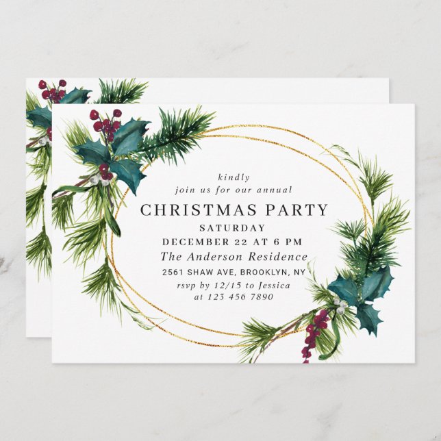Elegant Pine Holly Berry Christmas Holiday Party Invitation (Front/Back)