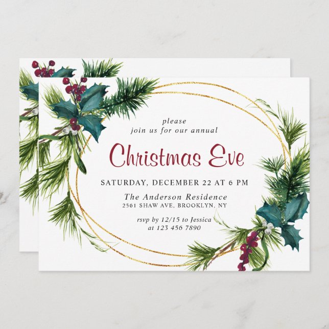 Elegant Pine Holly Berry Holiday Christmas Eve Invitation (Front/Back)
