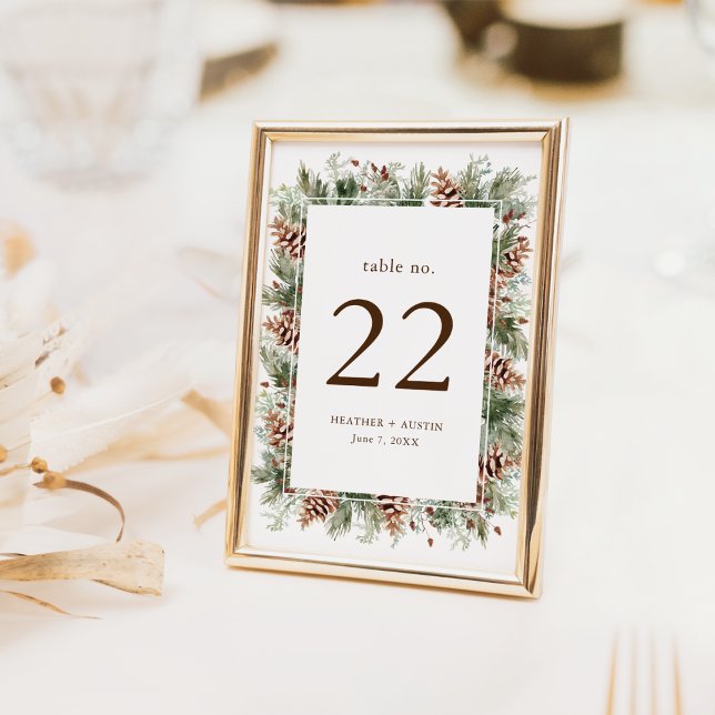 Elegant Pine Table Number (Elegant White Watercolor Evergreen Pinecone Table Number by Painted Paperie
)
