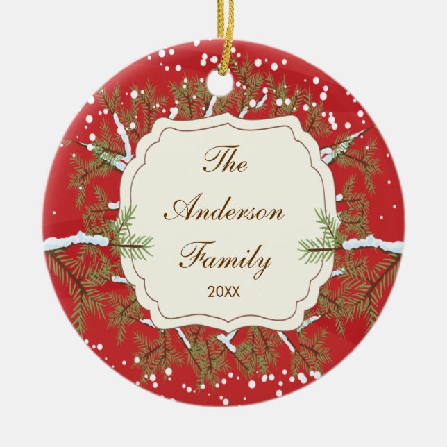 Elegant Pine Tree  Branche Dated Family Christmas Ceramic Ornament (Front)