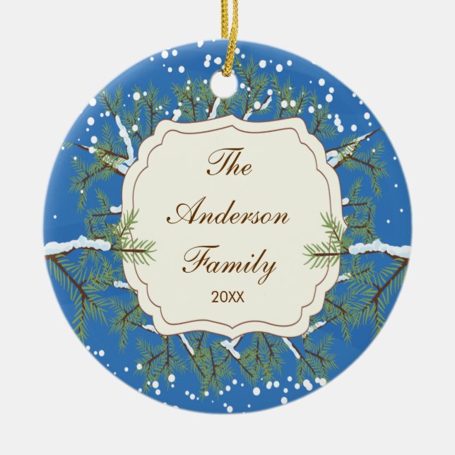 Elegant Pine Tree  Branche Dated Family Christmas Ceramic Ornament (Front)