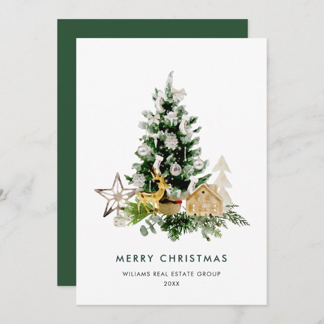 Elegant Pine Tree Christmas Corporate Greeting Holiday Card (Front/Back)