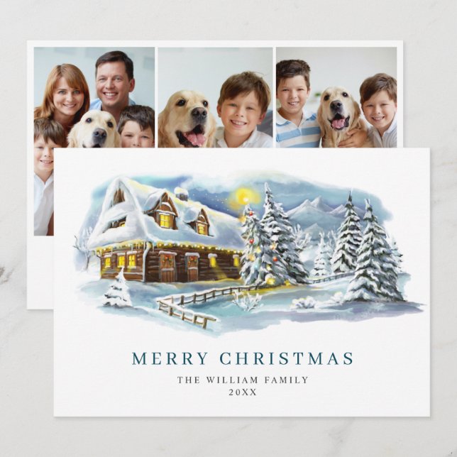 Elegant Pine Tree Christmas Greeting 3 Photo Holiday Card (Front/Back)