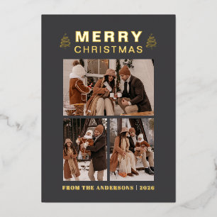 Elegant Pine Tree & Tartan Plaid Christmas 3 Photo Foil Holiday Card