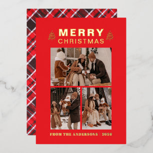 Elegant Pine Tree & Tartan Plaid Christmas 3 Photo Foil Holiday Card