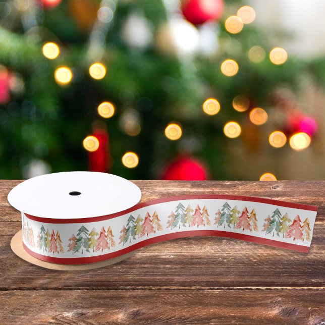Elegant Pine Tree Watercolor Christmas Holiday Satin Ribbon (Creator Uploaded)