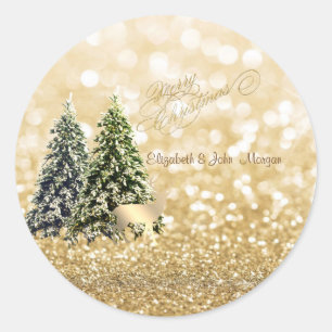 Elegant,Pine Trees ,Gold Deer,Glittery Bokeh Classic Round Sticker