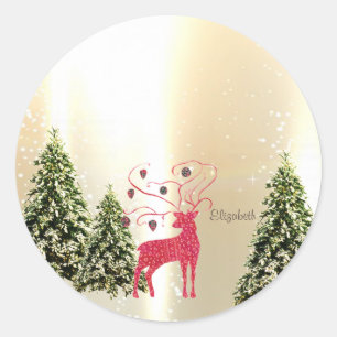 Elegant Pine Trees,Red Retro Reindeer Gold Classic Round Sticker