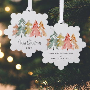 Elegant Pine Trees Watercolor Merry Christmas Tree Decoration Card