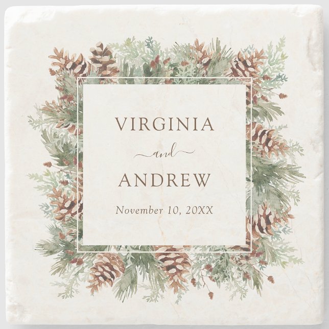 Elegant Pine Wedding Stone Coaster (Elegant Pine Greenery Wedding Stone Coaster by Painted Paperie
)
