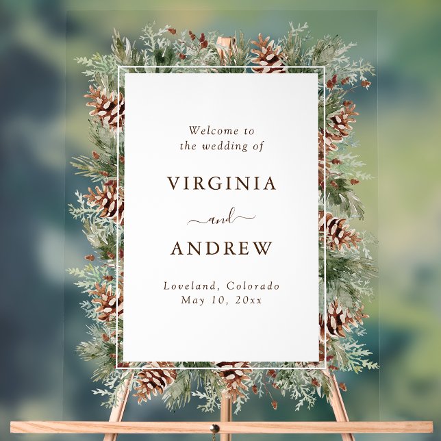 Elegant Pine Welcome Acrylic Sign (Elegant Pinecone Evergreen Wedding Welcome Acrylic Sign by Painted Paperie
)