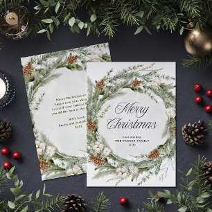 Elegant Pine Wreath and Greenery   Merry Christmas Holiday Card