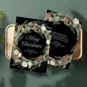 Elegant Pine Wreath and Greenery   Merry Christmas Holiday Card