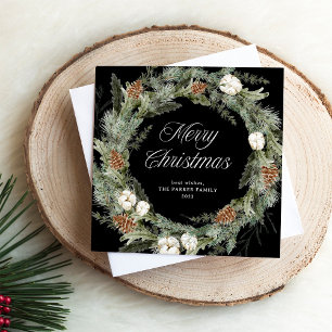 Elegant Pine Wreath and Greenery   Merry Christmas Holiday Card