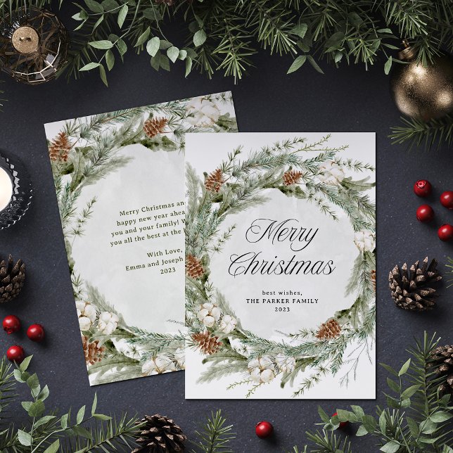 Elegant Pine Wreath and Greenery | Merry Christmas Holiday Card (An elegant, traditional holiday card with a Christmas pine wreath and modern calligraphy)