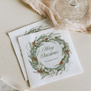 Elegant Pine Wreath and Greenery   Merry Christmas Napkin