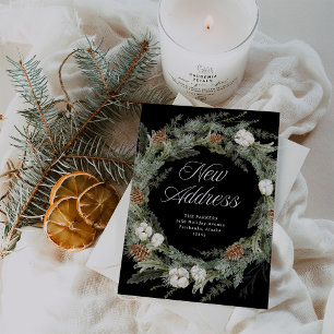 Elegant Pine Wreath Black   Christmas New Address Holiday Card