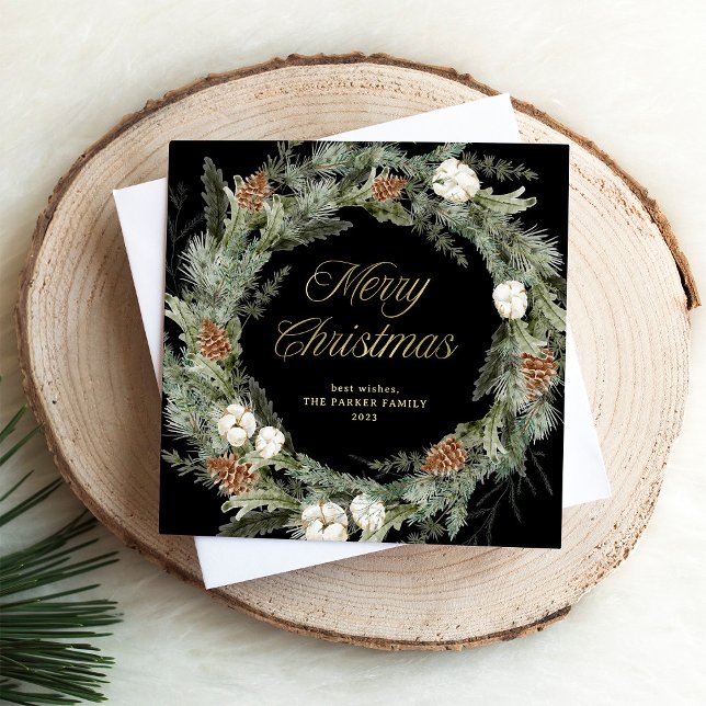 Elegant Pine Wreath Black | Gold Merry Christmas Holiday Card (An elegant, dark black holiday card with a traditional Christmas wreath and gold script)