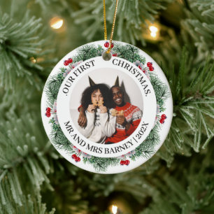 Elegant Pine Wreath First Christmas Married Photo Ceramic Ornament