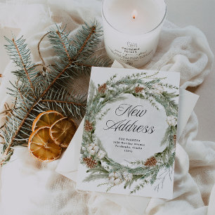 Elegant Pine Wreath   New Address at Christmas Holiday Card