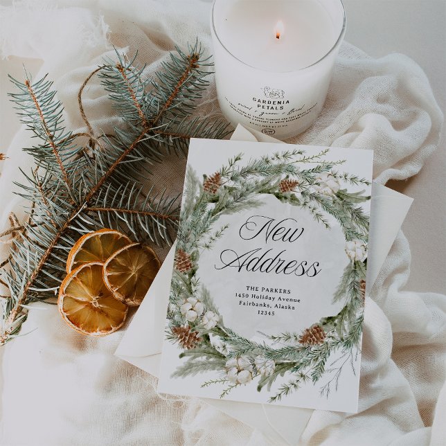 Elegant Pine Wreath | New Address at Christmas Holiday Card (An elegant moving announcement for Christmas with a traditional green pine wreath)
