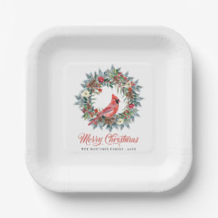 Elegant Pine Wreath Red Cardinal Christmas Party Paper Plate