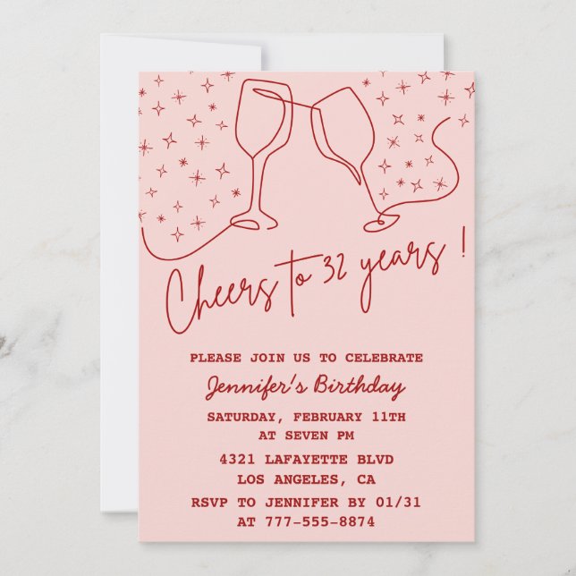 Elegant Pink 32nd birthday invitations Cheers  (Front)