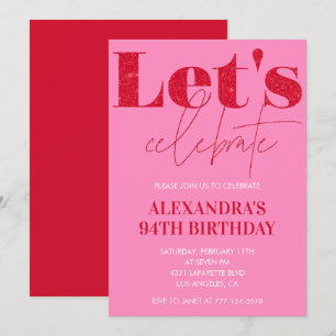 Elegant Pink 94th birthday invitation Glitter Glam