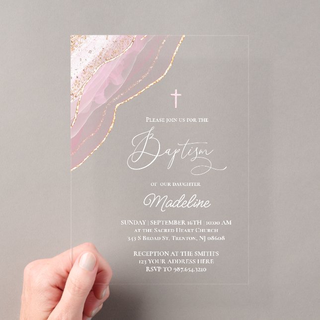 elegant pink agate Baptism Acrylic Invitations (Insitu (Handheld))