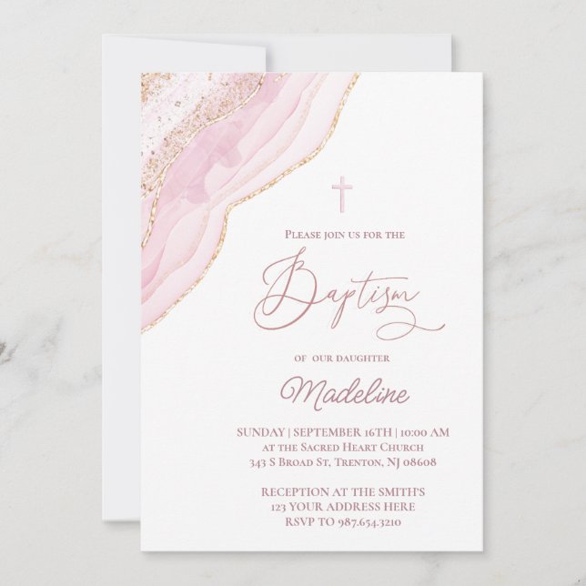 elegant pink agate Baptism Invitation (Front)