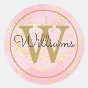 Elegant Pink Agate Geode Gold Monogram Script Classic Round Sticker